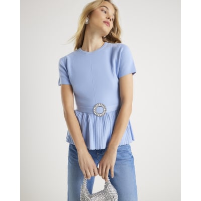 Blue Short Sleeve Belted Pleat Top