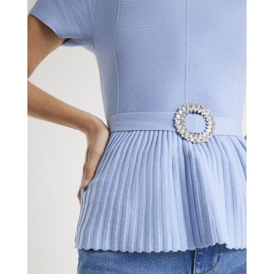 Blue Short Sleeve Belted Pleat Top