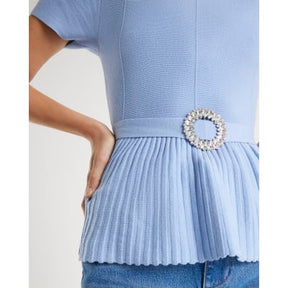 Blue Short Sleeve Belted Pleat Top