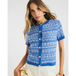 Blue Short Sleeve Boucle Cardigan