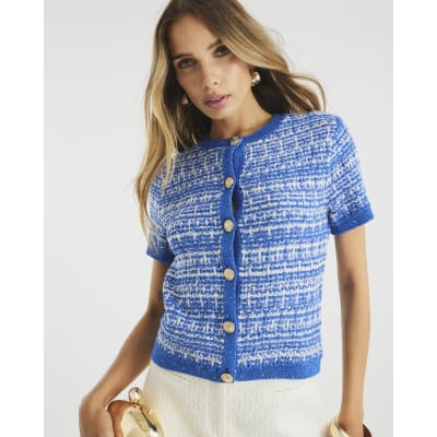 Blue Short Sleeve Boucle Cardigan
