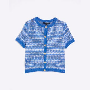 Blue Short Sleeve Boucle Cardigan