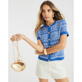 Blue Short Sleeve Boucle Cardigan