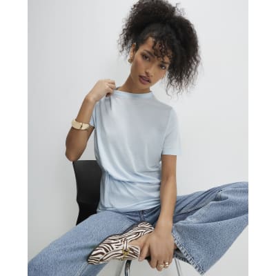 Blue Short Sleeve Burnout Twist Front T-shirt