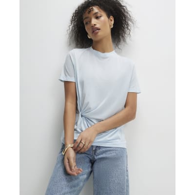 Blue Short Sleeve Burnout Twist Front T-shirt
