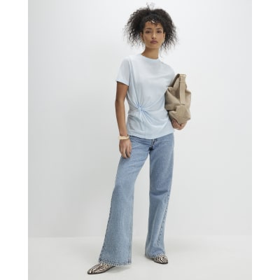Blue Short Sleeve Burnout Twist Front T-shirt