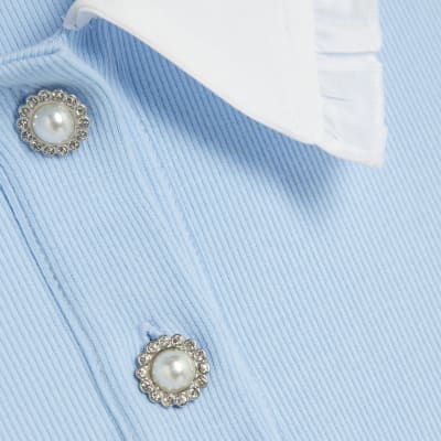 Blue Short Sleeve Diamante Button Polo Top