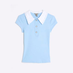 Blue Short Sleeve Diamante Button Polo Top