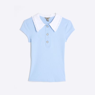 Blue Short Sleeve Diamante Button Polo Top