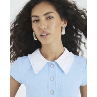 Blue Short Sleeve Diamante Button Polo Top