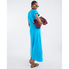 Blue Short Sleeve Drape Side Midi Dress