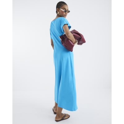 Blue Short Sleeve Drape Side Midi Dress