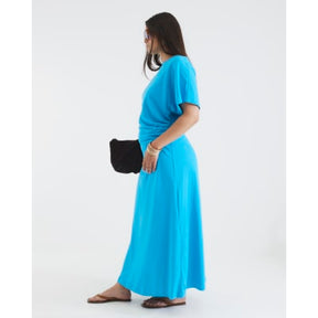 Blue Short Sleeve Drape Side Midi Dress