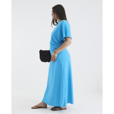 Blue Short Sleeve Drape Side Midi Dress