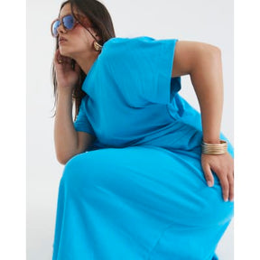 Blue Short Sleeve Drape Side Midi Dress