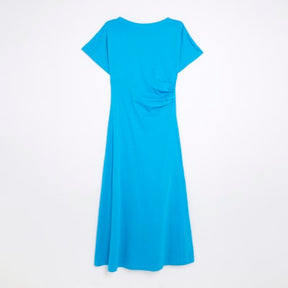Blue Short Sleeve Drape Side Midi Dress