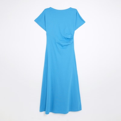 Blue Short Sleeve Drape Side Midi Dress