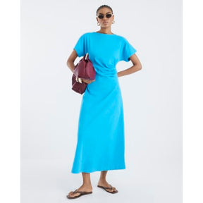 Blue Short Sleeve Drape Side Midi Dress