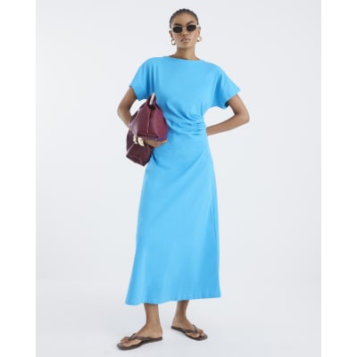 Blue Short Sleeve Drape Side Midi Dress