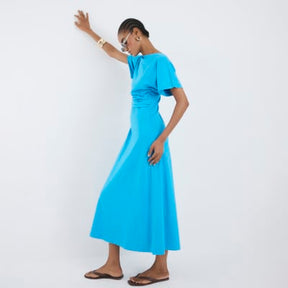 Blue Short Sleeve Drape Side Midi Dress