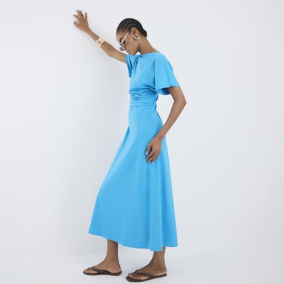 Blue Short Sleeve Drape Side Midi Dress
