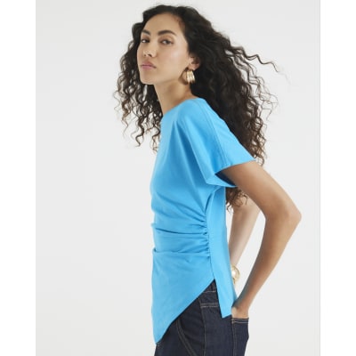 Blue Short Sleeve Drape Side T-shirt
