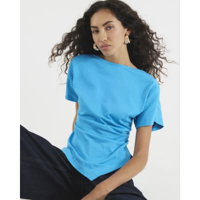 Blue Short Sleeve Drape Side T-shirt