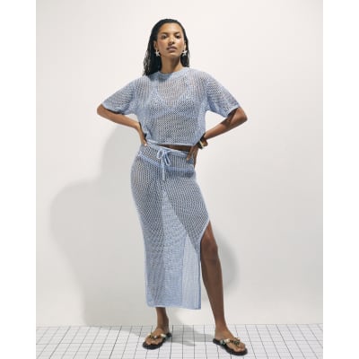 Blue Short Sleeve Knit Beach Top
