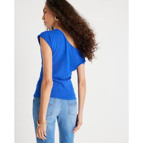 Blue Short Sleeve Off Shoulder Drape Top