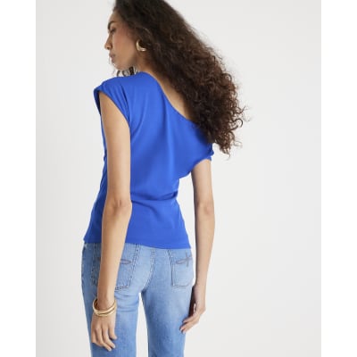 Blue Short Sleeve Off Shoulder Drape Top