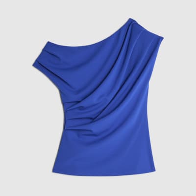 Blue Short Sleeve Off Shoulder Drape Top
