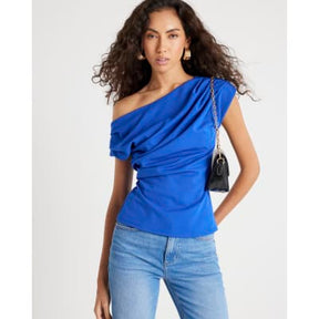 Blue Short Sleeve Off Shoulder Drape Top