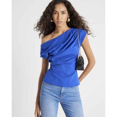 Blue Short Sleeve Off Shoulder Drape Top