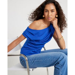 Blue Short Sleeve Off Shoulder Drape Top