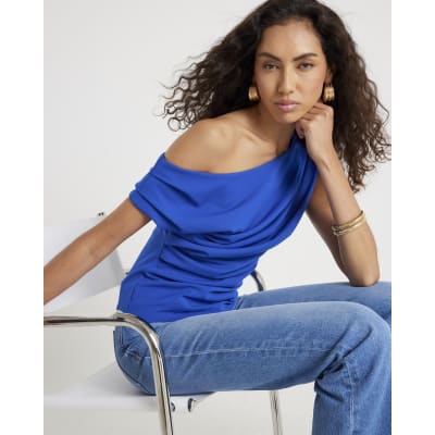 Blue Short Sleeve Off Shoulder Drape Top