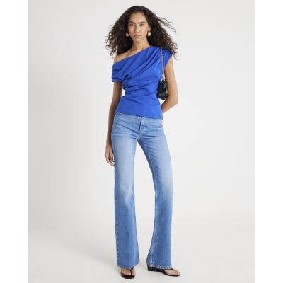 Blue Short Sleeve Off Shoulder Drape Top