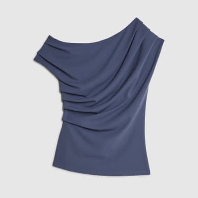 Blue Short Sleeve Off Shoulder Drape Top