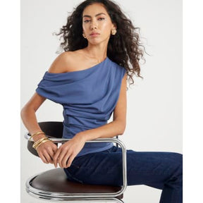 Blue Short Sleeve Off Shoulder Drape Top