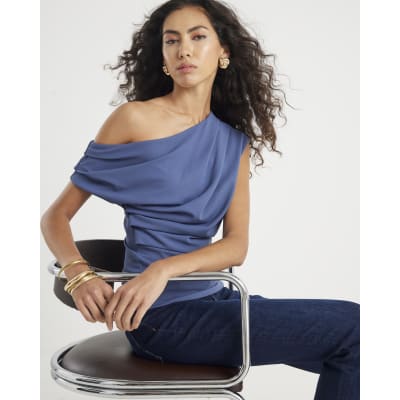 Blue Short Sleeve Off Shoulder Drape Top