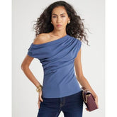 Blue Short Sleeve Off Shoulder Drape Top