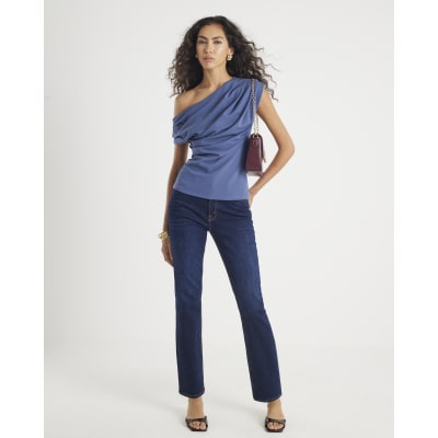 Blue Short Sleeve Off Shoulder Drape Top