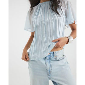 Blue Short Sleeve Pleated Hybrid T-shirt