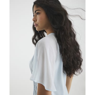 Blue Short Sleeve Pleated Hybrid T-shirt