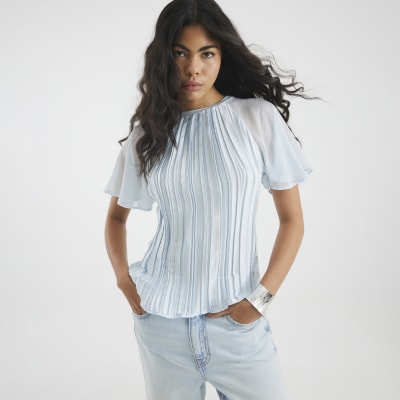Blue Short Sleeve Pleated Hybrid T-shirt