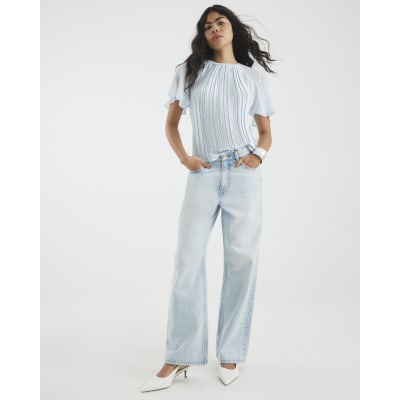 Blue Short Sleeve Pleated Hybrid T-shirt