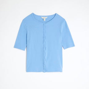 Blue Short Sleeve Ribbed Button Through Top