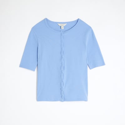 Blue Short Sleeve Ribbed Button Through Top