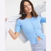 Blue Short Sleeve Ribbed Button Through Top