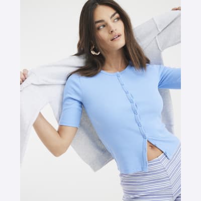 Blue Short Sleeve Ribbed Button Through Top