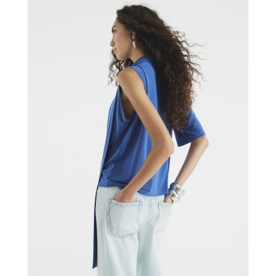 Blue Short Sleeve Scarf Neck Detail Top